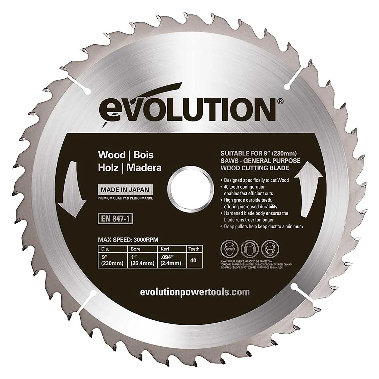 EVOLUTION POWER TOOLS STEEL LINEZAAGBLAD HOUT 230 MM VOOR CIRKEL EN AFKORTZAGEN
