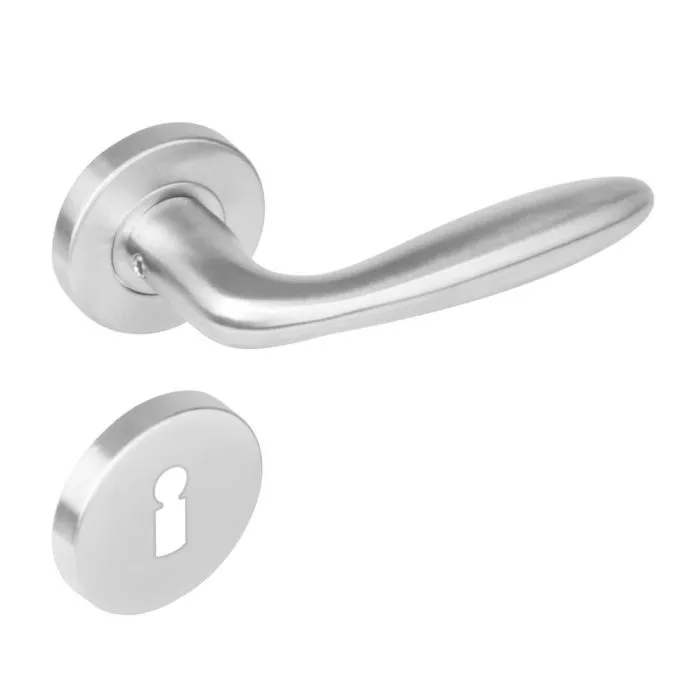 INTERSTEEL Deurkruk 1281 Jupiter op rond rozet staal met 7mm nok met sleutelgat plaatjes RVS